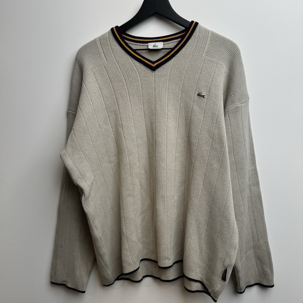 VTG Lacoste Sweater 6 Beige V Neck Knit Cotton Tennis Pullover 90s Mens